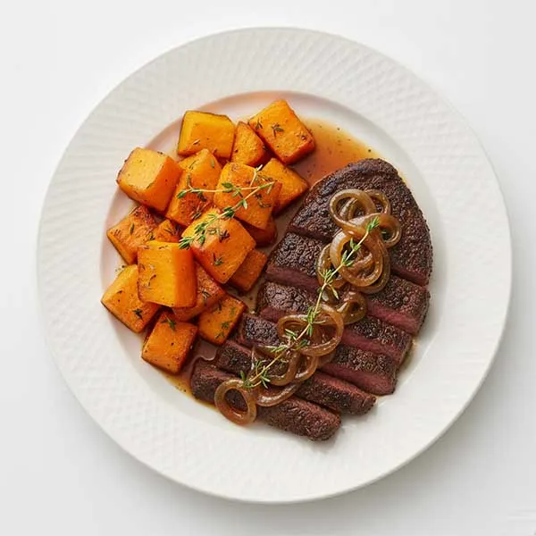 Coffee & Cocoa Rubbed Beef Steak With Roasted Pumpkin, Potato And Caramelized Onion & Thyme Sauce